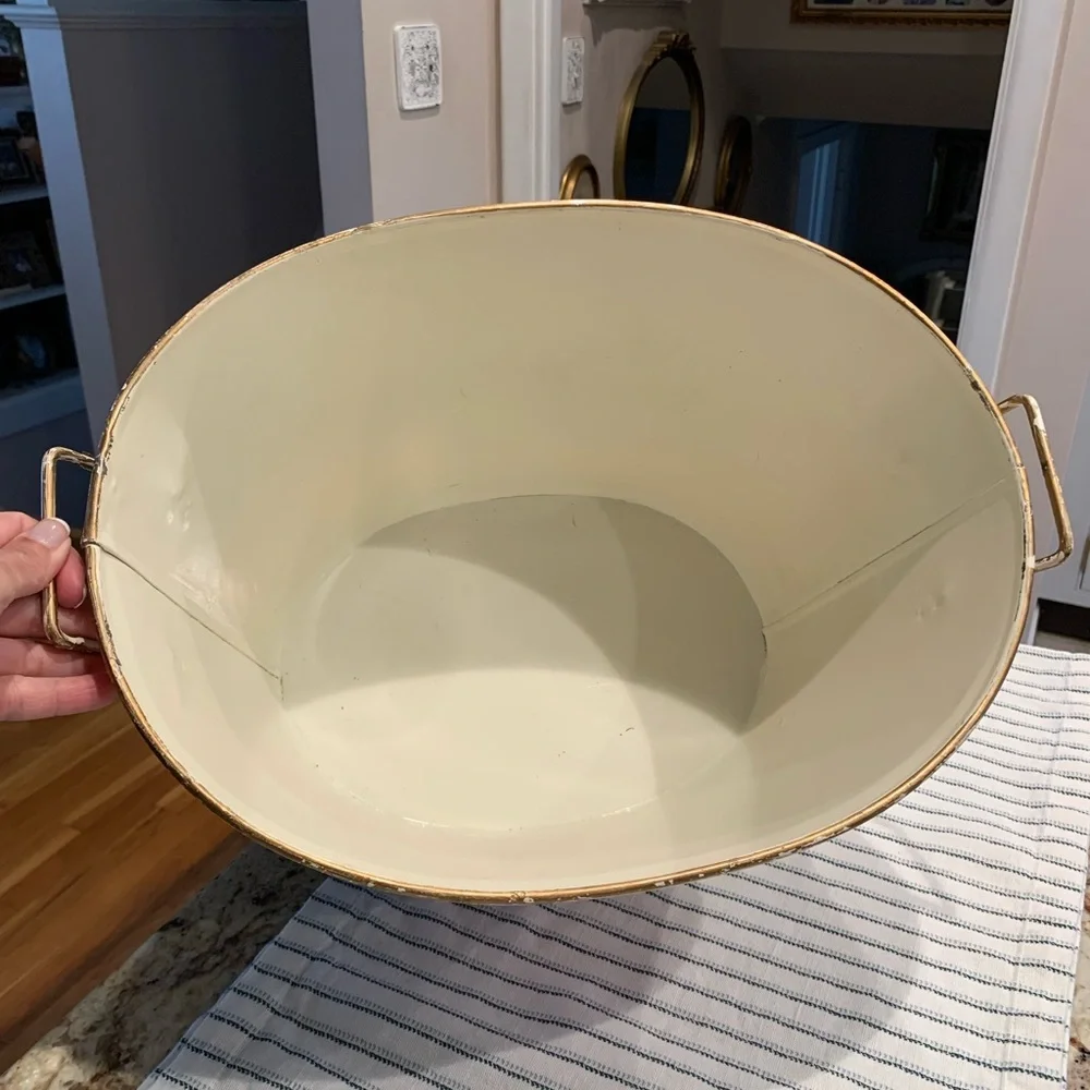 Vintage Metal Toleware Bucket with Handle Floral Pattern with gold Round